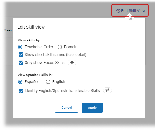 The Edit Skill View pop-up window.