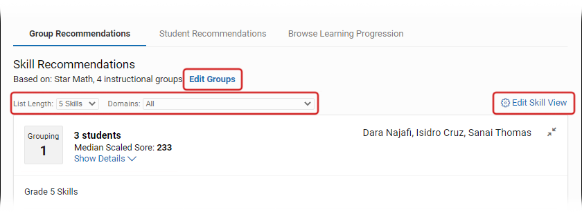 The Edit Groups, List Length/Domains, and Edit Skill View controls are highlighted.
