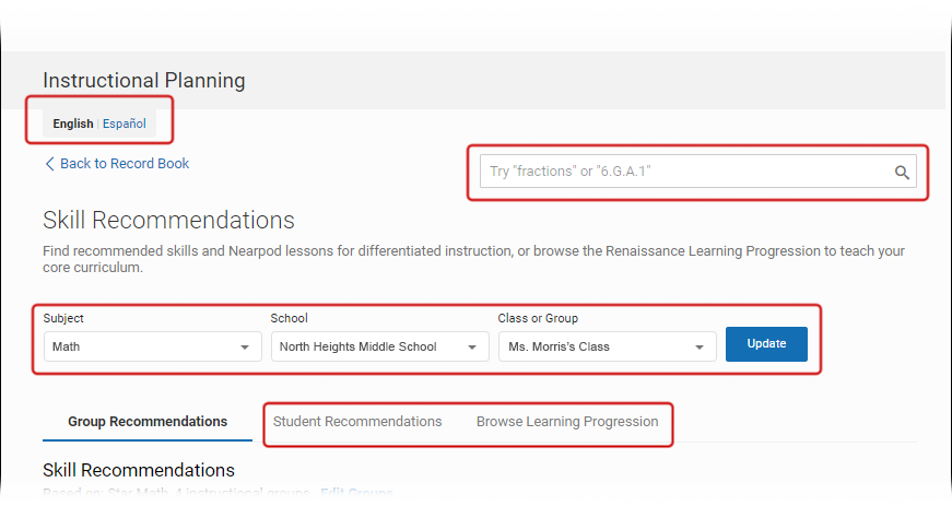 The English/Spanish control, the search field, the Subject/School/Class or Group drop-down lists (with the Update button), and the Student Recommendations and Browse Learning Progression tabs.