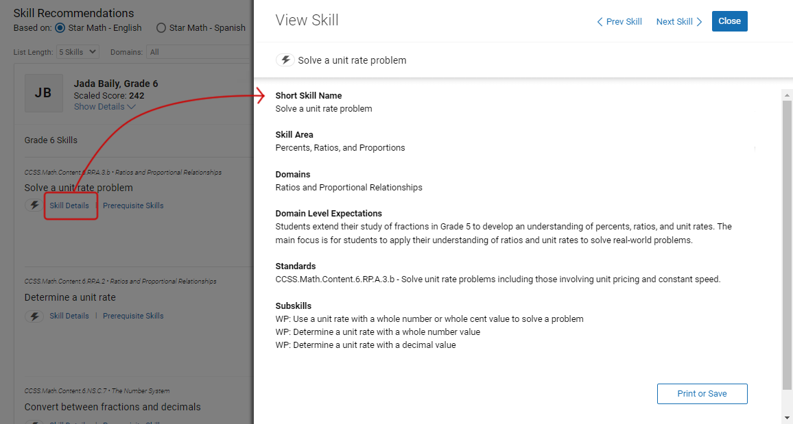 The details shown for one of the skills, including a shorter version of the skill name, the skill area, domains, domain level expectations, standards, and subskills. 