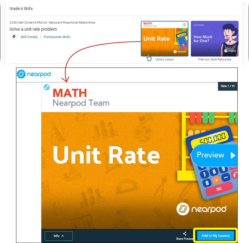 The preview window for a selected Nearpod lesson. The Add to My Lessons button is at the bottom.