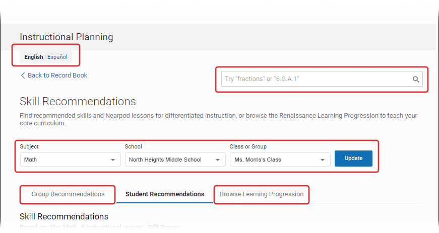 The English/Spanish control, the search field, the Subject/School/Class or Group drop-down lists (with the Update button), and the Group Recommendations and Browse Learning Progression tabs.