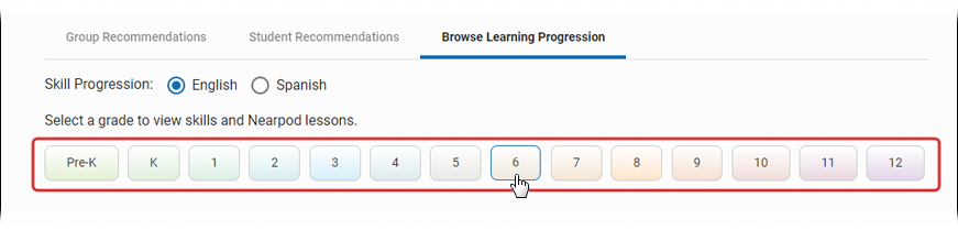 The Browse Learning Progression tab, with buttons for grades Pre-K to 12.
