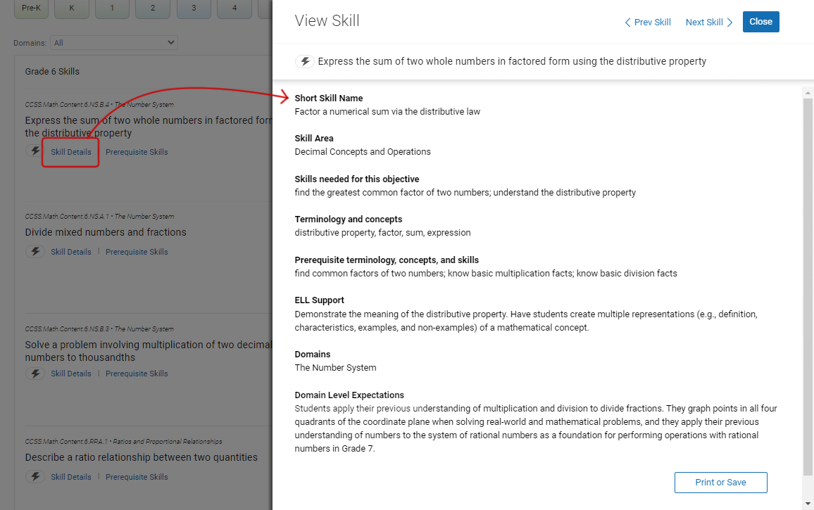 The details shown for one of the skills, including a shorter version of the skill name, the skill area, terminology and concepts, domains, and domain level expectations.
