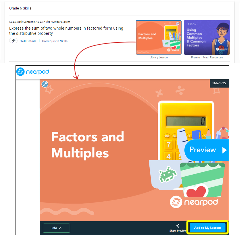 The preview window for a selected Nearpod lesson. The Add to My Lessons button is at the bottom.