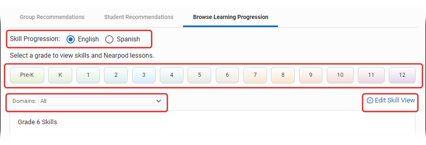 The Edit Groups, List Length, Domains, and Edit Skill View controls are highlighted.