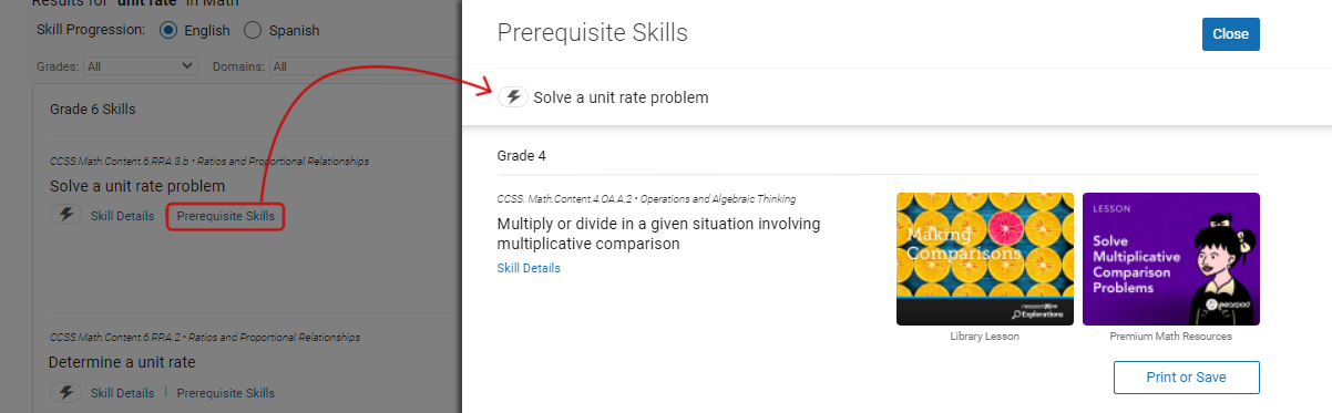 A prerequisite skill is shown for one of the skills, with a link to a Nearpod resource for that skill. The Close button is in the upper-right corner of the slide-out; the Print or Save button is at the bottom.