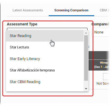 The Assessment Type drop-down list.