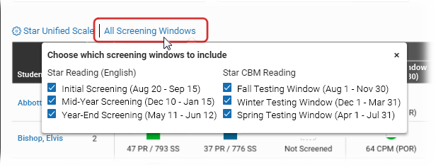 The All Screening Windows pop-up window.