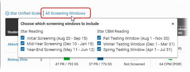 The All Screening Windows pop-up window.