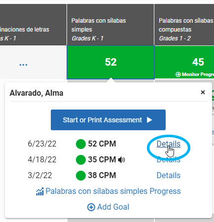 select the assessment score, then select Details for a score in the popup window