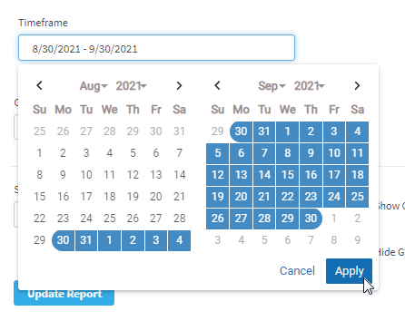 The user has chosen Custom Date Range (No SGP Calculated). A pop-up calendar is open, allowing the user to choose the dates. The dates can also be entered in the field above the calendar. The Apply and Cancel buttons are in the lower-right corner of the pop-up window.