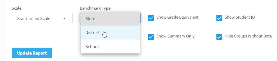 The Benchmark Type drop-down list, along with the check boxes described below.