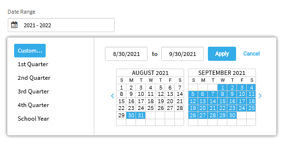 The user has chosen to select custom dates. A pop-up calendar is open, allowing the user to choose the dates. The dates can also be entered in the fields above the calendar. The Apply and Cancel buttons are in the upper-right corner of the pop-up window.