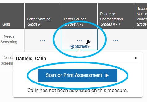 select the square for a measure and student; then, select Start or Print Assessment
