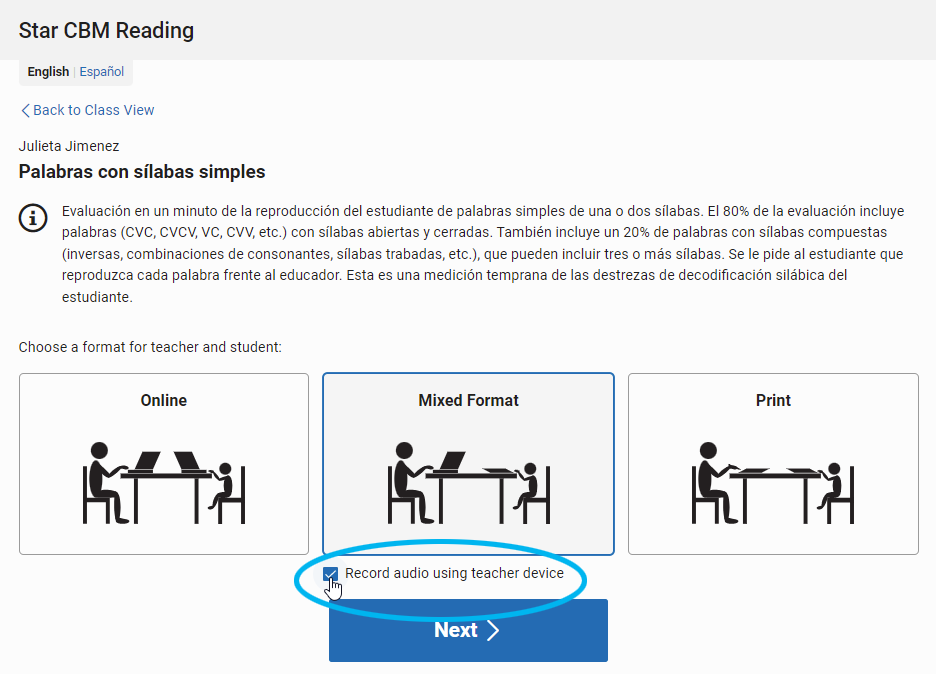 the Record Audio option for Mixed assessments