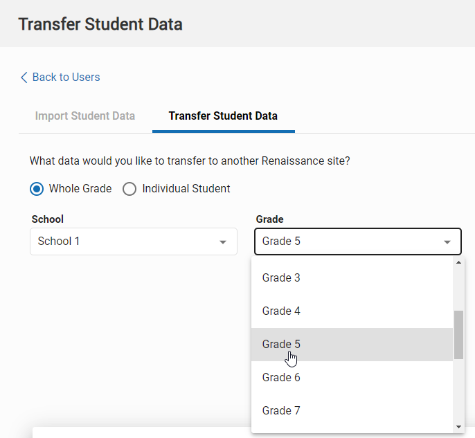 select the school and grade to transfer data from