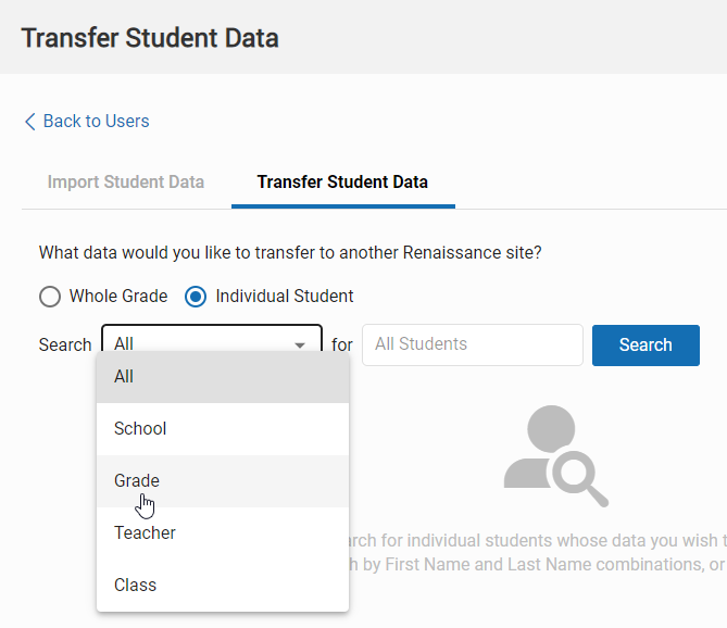 the individual student search options in the drop-down list