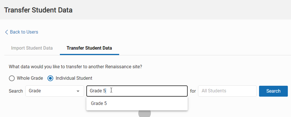 an example of a search by grade in which grade 5 is selected