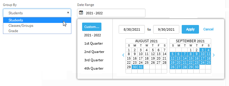 The user has selected a Group By option, and has chosen to select custom dates. A pop-up calendar is open, allowing the user to choose the dates. The dates can also be entered in the fields above the calendar. The Apply and Cancel buttons are in the upper-right corner of the pop-up window.