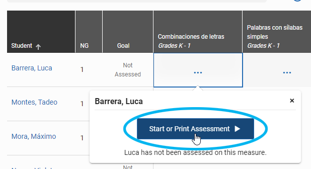 select the square for a student and measure, then select Start or Print Assessment