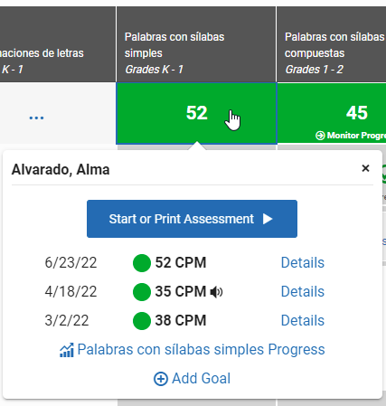 select a score in the table to see the student's past scores for the measure