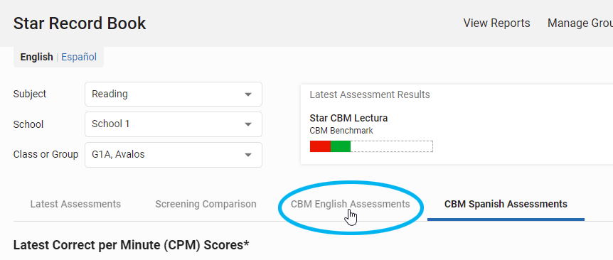 select the CBM English Assessments tab
