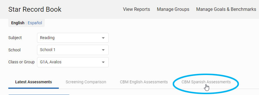 select the CBM Spanish Assessments tab