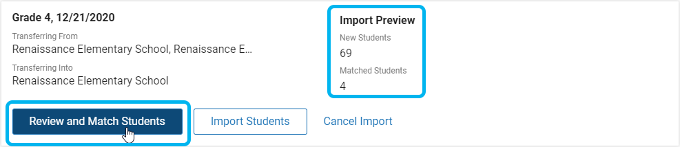 the import preview information and the Review and Match Students button
