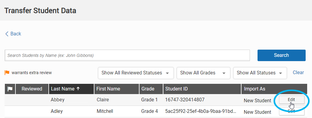 select Edit to verify or find matches for a student