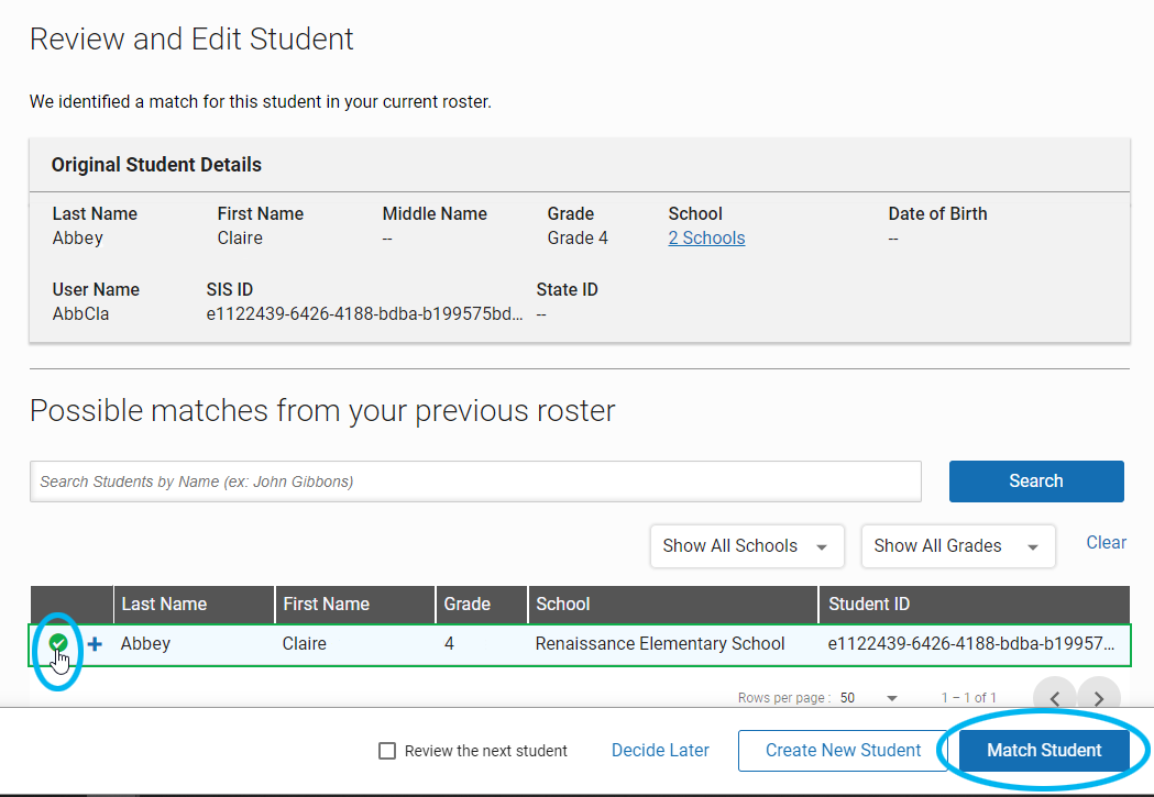 the Review and Edit Student page with a match student option