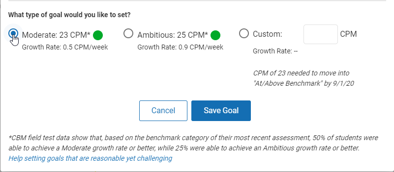 select a moderate, ambitious, or custom goal