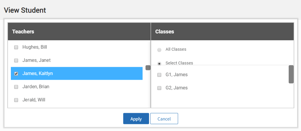 example of the window used to select classes
