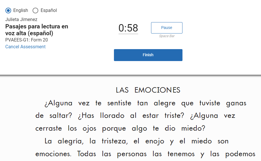 example of Pasajes para lectura en voz alta español