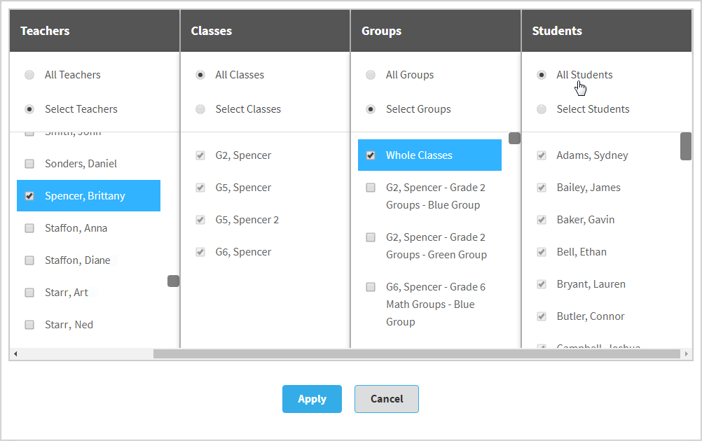 In this example, a fifth column, Students, is shown, with the 'All Students' option selected. The Apply and Cancel buttons are at the bottom.