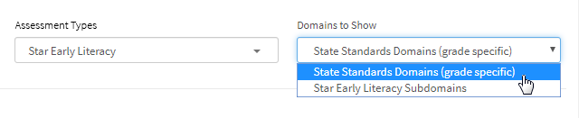 The Domains to Show drop-down list, with two options shown: State Standards Domains (grade specific) and Star Early Literacy Subdomains.