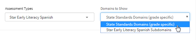 The Domains to Show drop-down list, with two options shown: State Standards Domains (grade specific) and Star Early Literacy Spanish Subdomains.