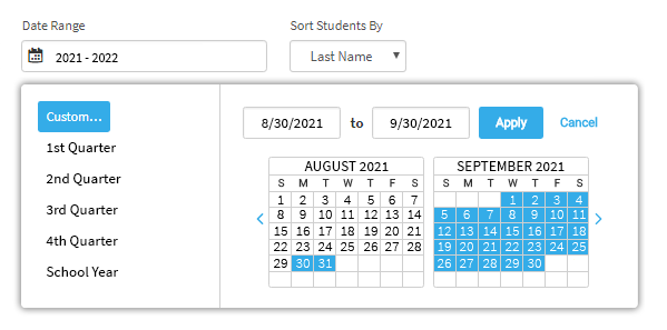 The user has chosen to select custom dates. A pop-up calendar is open, allowing the user to choose the dates. The dates can also be entered in the fields above the calendar. The Apply and Cancel buttons are in the upper-right corner of the pop-up window.