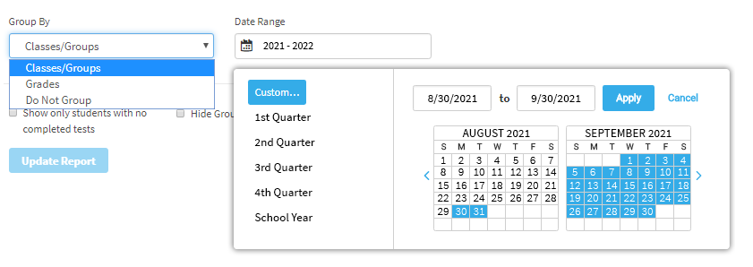 The user has selected a Group By option, and has chosen to select custom dates. A pop-up calendar is open, allowing the user to choose the dates. The dates can also be entered in the fields above the calendar. The Apply and Cancel buttons are in the upper-right corner of the pop-up window.