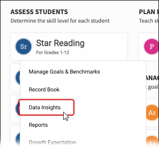 The Star Reading drop-down list, with Data Insights selected.