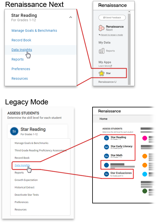 The Star Reading drop-down list, with Data Insights selected.