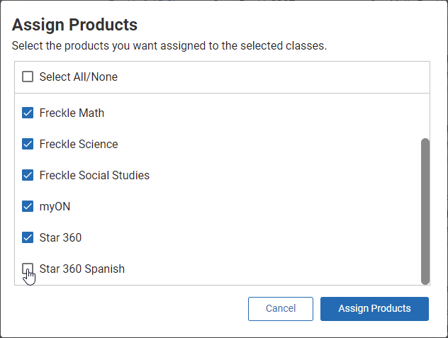 in the Assign Products window, check the products to assign