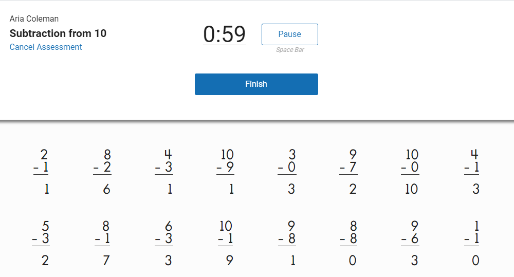 Subtraction from 10 example