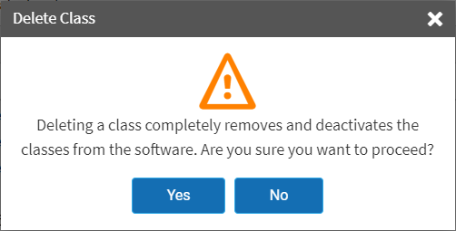 the Delete Class confirmation message with Yes and No options