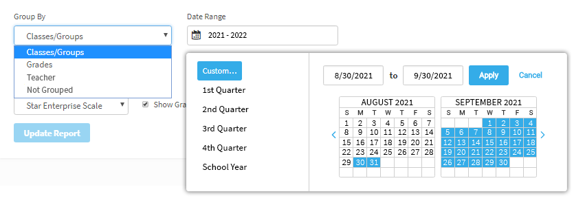 The user has selected a Group By option, and has chosen to select custom dates. A pop-up calendar is open, allowing the user to choose the dates. The dates can also be entered in the fields above the calendar. The Apply and Cancel buttons are in the upper-right corner of the pop-up window.