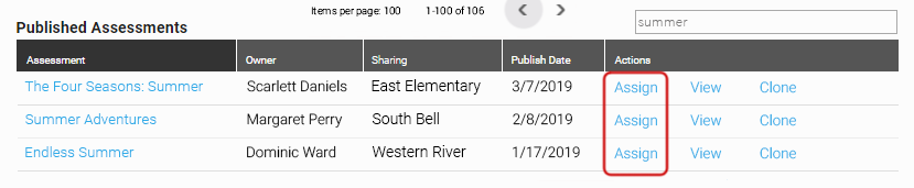 Three assignments in the Published Assessments table, with the Assign link highlighted for each.