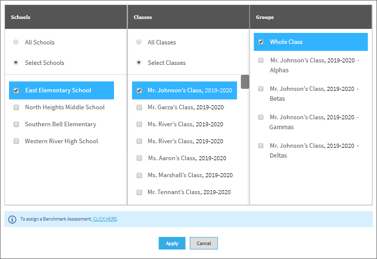 In the pop-up window, a single school has been selected, and a single class within that school. Instead of assigning the assessment to specific groups of students in the class, it is being assigned to the Whole Class. The Apply and Cancel buttons are at the bottom.