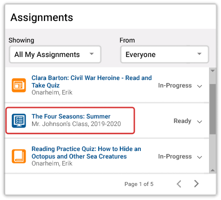 A student assignment list. The student has used the drop-down lists at the top to view all assignments from everyone. The newly-assigned assessment is circled in the list.