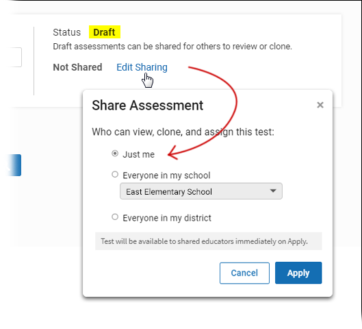 The Share Assessment pop-up window. The Cancel and Apply buttons are at the bottom.