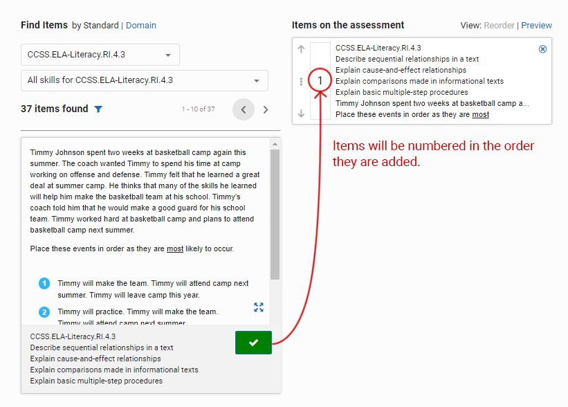 An item has been selected and added to Items on the assessment on the right.